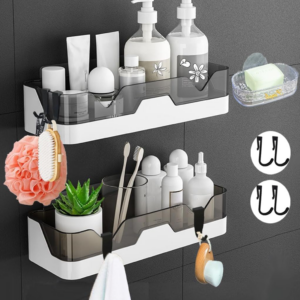 Set of 2 Bathroom Shelves, No Drilling Shower Shelf, Wall Mounted Shower Baskets, Adhesive Shower Storage Rack for Bathroom/Kitchen