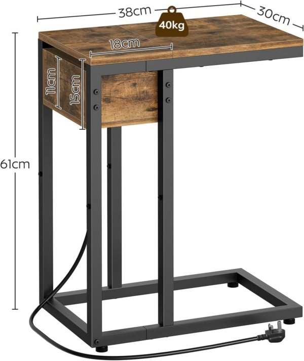 C Shaped Side Table, Sofa Side Table with Charging Station, Narrow Bedside Table with Lift-Up Lid, 1 Outlet and 2 USB Ports, Small End Table for Living Room, Bedroom, Rustic Brown - Image 5
