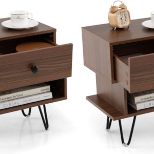 Set of 2 Bedside Tables, 2PCS Wooden Irregular Nightstand with Open Shelf & Drawer and Sturdy Metal Legs, 2-Tier Sofa Side End Table for Bedroom Living Room (Brown)