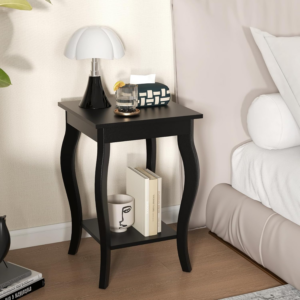 2-Tier Bedside Table, Modern Nightstand with Storage Shelf, Wooden Sofa Side Table Simple Style End Table for Living Room Bedroom (1, Black)