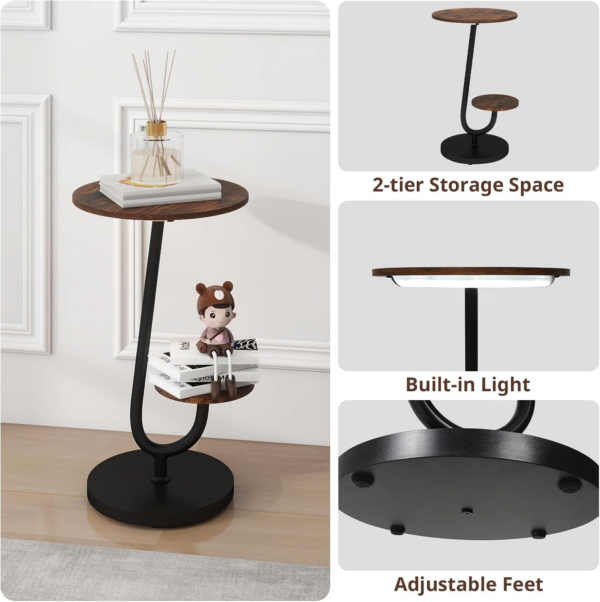 Side Table, Bedside Small Coffee Table with 3 Color LED Lights and 2 Tier Storage Shelves for Living Room - Image 4
