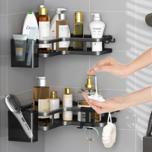 Shower Caddy Corner, Bathroom Storage Accessory 5 Pack, Bathroom No Drill Shelf with 4 Hooks, Shower Shelf Storage, Shower Corner Shelves, Shower Bathroom Shelves for Bathroom.