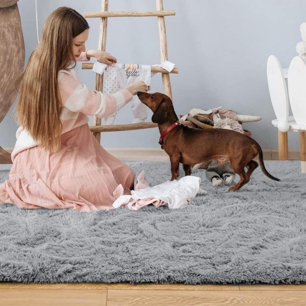 Rugs Living Room – Grey Area Rugs for Bedroom Non Slip – Fluffy Shaggy Rug Super Soft Small Thick Pile Non-Shedding Plush Carpet for Lounge, 60cm x 110cm - Image 3