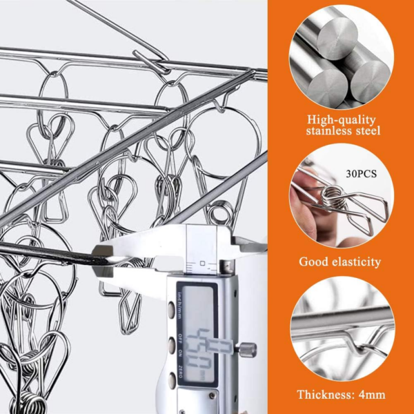 Stainless Steel Clips Socks Drying Rack With 30 Clips,Durable Windproof Foldable Rectangular Laundry Airer Hanger - Image 3