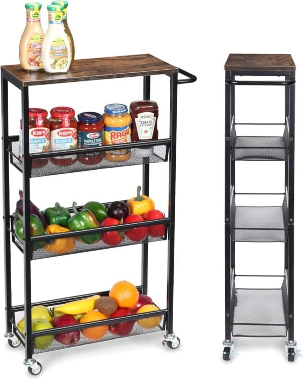 4-Tier Storage Trolley Cart, Slim Storage Trolley, Narrow Storage Unit, Rolling Cart Storage Organizer on Wheels