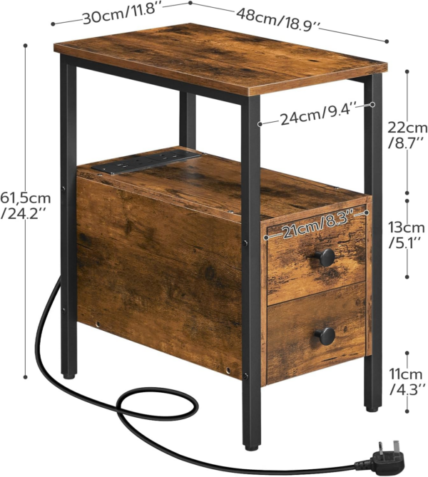 Side Table, Narrow Bedside Table with Charging Station, USB Ports and Power Outlets, Slim Side Table for Small Spaces, 2 Drawers, Industrial Nightstand, Rustic Brown and Black - Image 5
