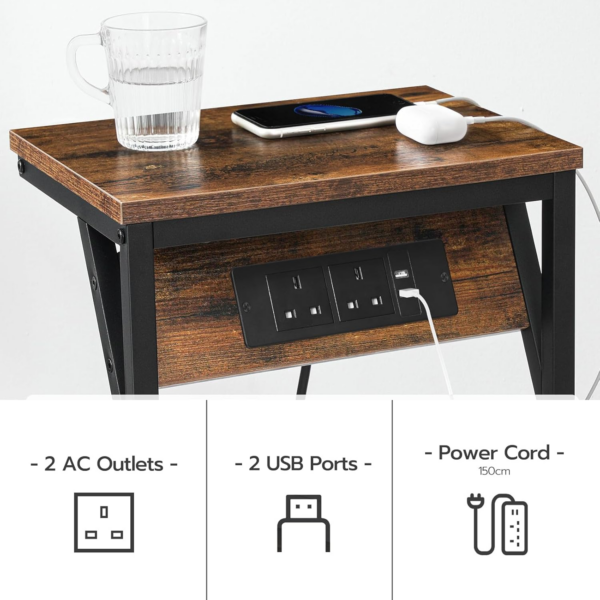 C Shaped Side Table, Sofa Side Table with Charging Station, 2 Plug Sockets and 2 USB Ports, Narrow Bedside Table - Image 2
