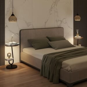 Side Table, Bedside Small Coffee Table with 3 Color LED Lights and 2 Tier Storage Shelves for Living Room