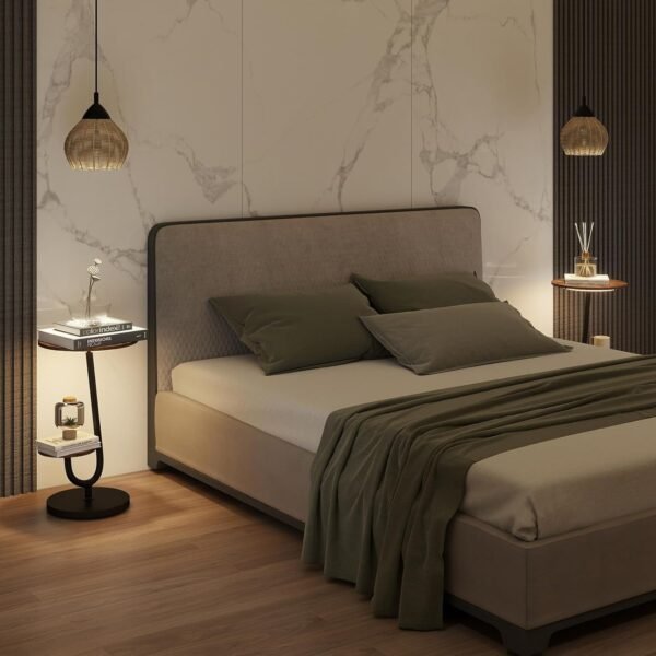 Side Table, Bedside Small Coffee Table with 3 Color LED Lights and 2 Tier Storage Shelves for Living Room