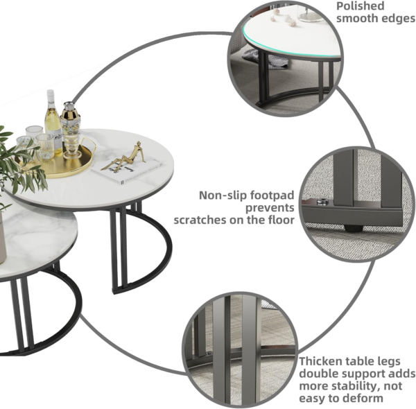 Marble Top Tables Round Coffee Table - Nesting Coffee Tables Set of 2 White Marble Sintered Stone Table with Black Metal Frame Nest of Tables,Living Room Apartment Hotel Office - Image 2
