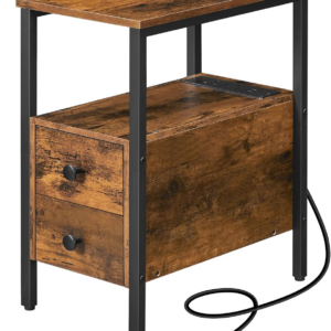 Side Table, Narrow Bedside Table with Charging Station, USB Ports and Power Outlets, Slim Side Table for Small Spaces, 2 Drawers, Industrial Nightstand, Rustic Brown and Black