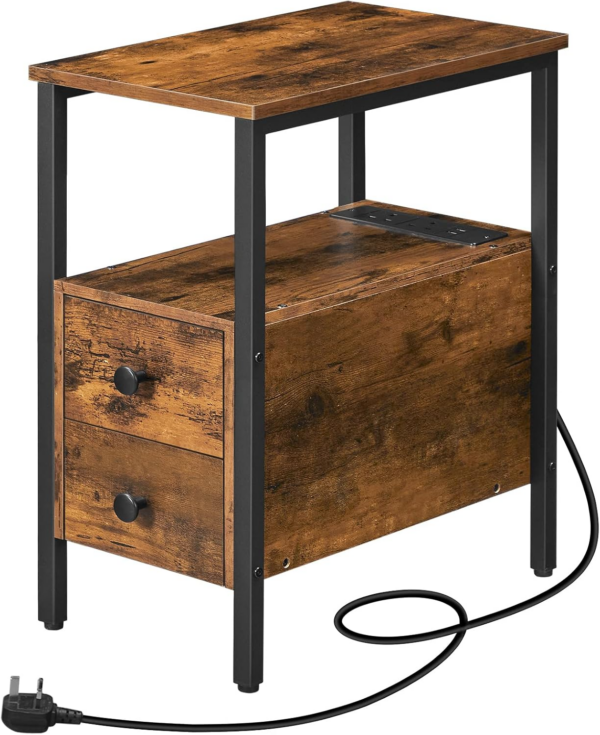 Side Table, Narrow Bedside Table with Charging Station, USB Ports and Power Outlets, Slim Side Table for Small Spaces, 2 Drawers, Industrial Nightstand, Rustic Brown and Black