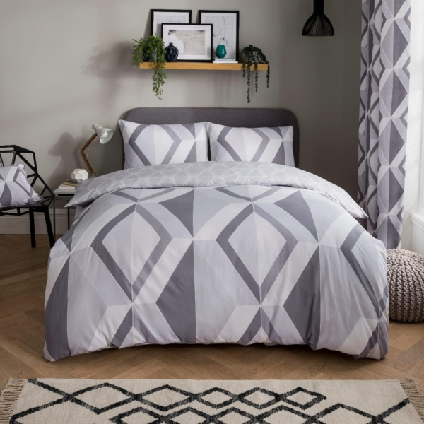 Large Diamond Geometric Grey Reversible Duvet Cover Quilt and Pillow Case Bedding Set Soft Easy Care-Single (135cm x 200cm), Polycotton - Image 6