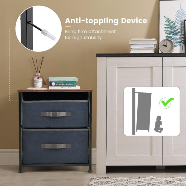 Bedside Table, Industrial Storage Nightstand with 2 Folding Fabric Drawers, Metal Frame End Tables for Bedroom Living Room Office - Image 4