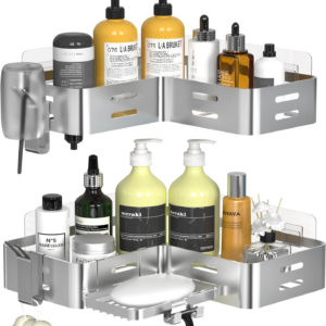 Corner Shower Caddy, Shower Shelf No Drilling, Bathroom Storage with Razor Holder for Shower and 2 Hooks, Shower Organiser(Silver)