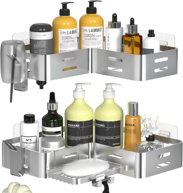 Corner Shower Caddy, Shower Shelf No Drilling, Bathroom Storage with Razor Holder for Shower and 2 Hooks, Shower Organiser(Silver)