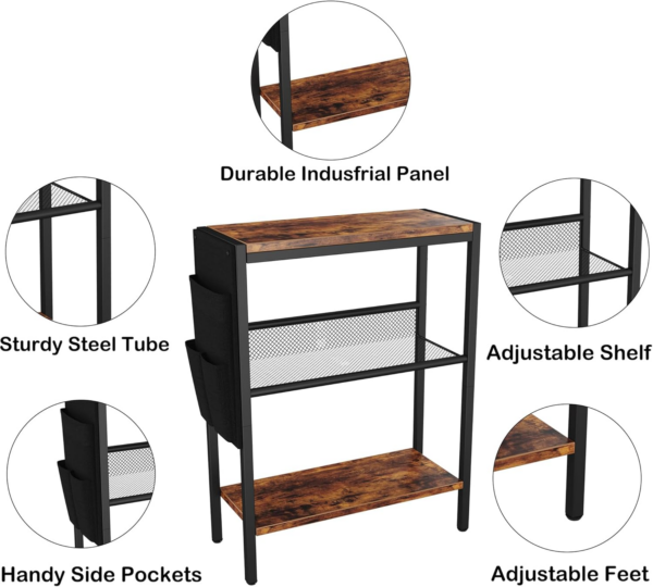 Small Narrow Side Table for Small Spaces, Slim End Table with Storage Bag, Sofa Snack Table with Adjustable Metal Mesh, 3 Tier Accent Skinny Beside Table for Living Room & Bedroom, Rustic Brown - Image 4