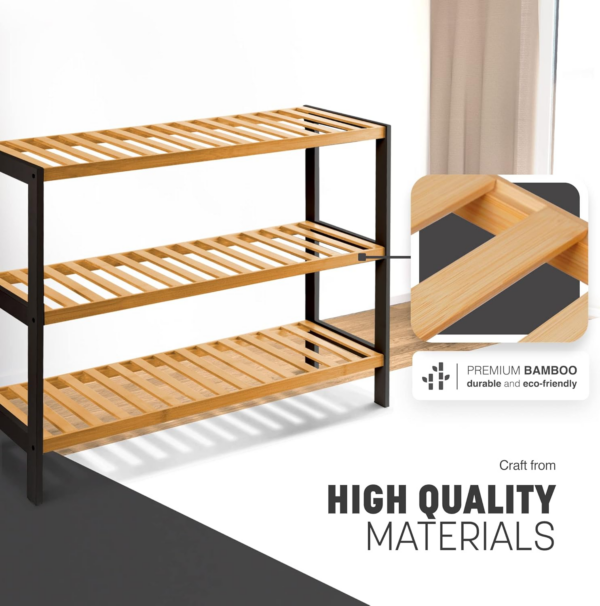 3 Tier Natural Bamboo Shoe Rack Easy Assembly & Strong Design Stand Shelf Organiser - Image 3