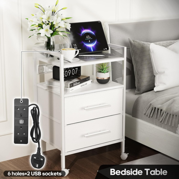 Bedside Table with Charging Station, Nightstand with 2 Outlets and 2 USB Ports, Sofa Side Table with 4 Castors and Fabric Drawers for Bedroom - Image 5