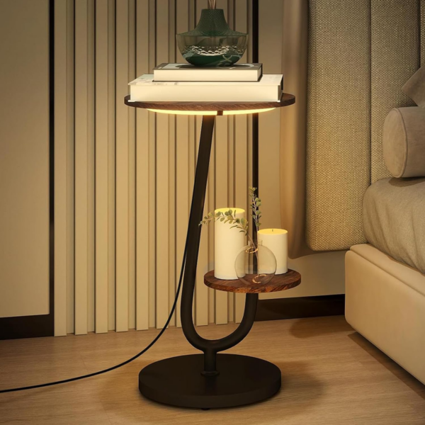 Side Table, Bedside Small Coffee Table with 3 Color LED Lights and 2 Tier Storage Shelves for Living Room - Image 7