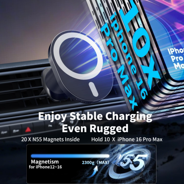Mag-safe Car Charger Mount,15W Fast Charging,20xN55 Magnets,Car Phone Holder Wireless Charger Wireless Car Charger Magnetic Phone Holder for iPhone 16/15/14/13/12/Pro/Plus/Max Samsung Galaxy S Series - Image 6