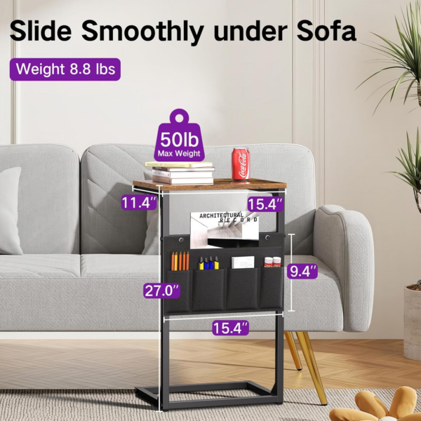 C Shaped Side Table 69cm High with Storage Bag, Narrow Sofa End Snack Table for Small Space, Slide Under Couch Table - Image 6
