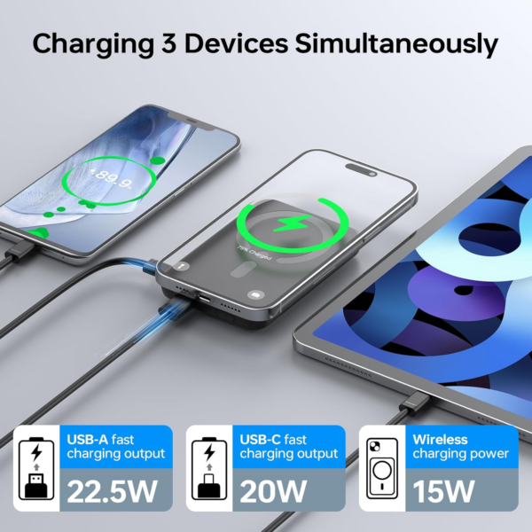 For Magsafe Power Bank, Portable Charger 12000mAh, 22.5W Fast Charging Battery Pack with USB-C Input & Output - Image 3