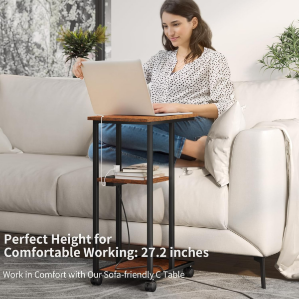 C Shaped End Table - C Table on Wheels - Bedside Table with Wheels, Power Outlet and USB - Sofa Charging Table for Living Room - Image 5