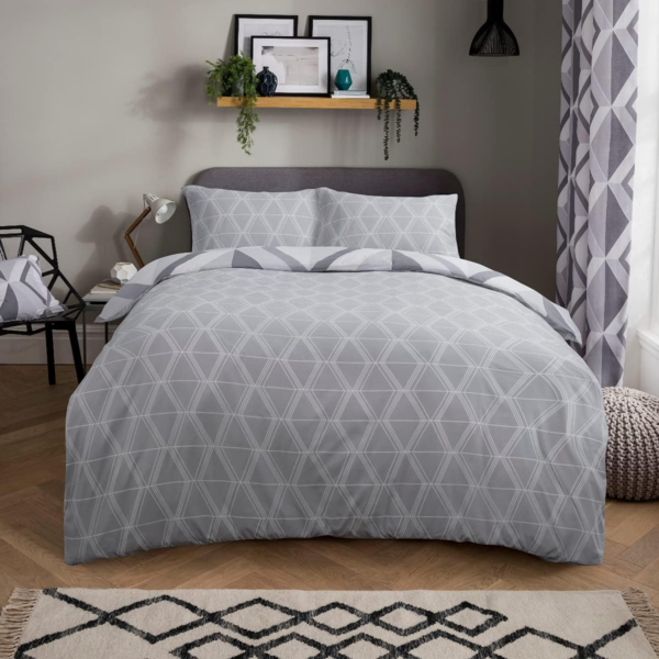 Large Diamond Geometric Grey Reversible Duvet Cover Quilt and Pillow Case Bedding Set Soft Easy Care-Single (135cm x 200cm), Polycotton - Image 4