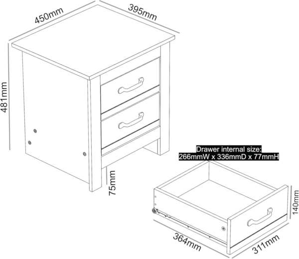 2 Drawer Bedside Table, End Table for Bedroom, Side Table and Storage Cabinet for Hallway or Living Room (White/Oak) - Image 3