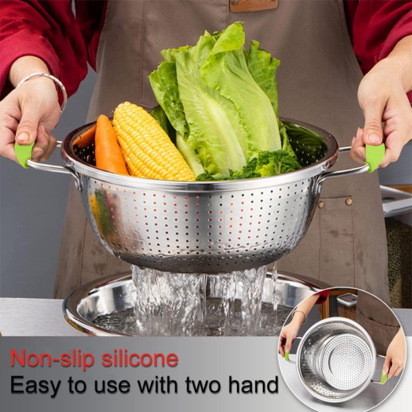 Stainless Steel Double-Handle Colander Deep Micro-Perforated 2.5 Quart Metal Food Strainer with Green Silicone Handles - Image 4