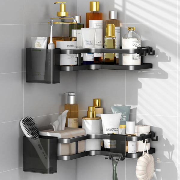 Shower Caddy Corner, Bathroom Storage Accessory 5 Pack, Bathroom No Drill Shelf with 4 Hooks, Shower Shelf Storage, Shower Corner Shelves, Shower Bathroom Shelves for Bathroom. - Image 6