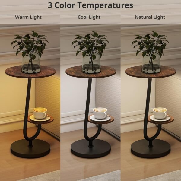 Side Table, Bedside Small Coffee Table with 3 Color LED Lights and 2 Tier Storage Shelves for Living Room - Image 5