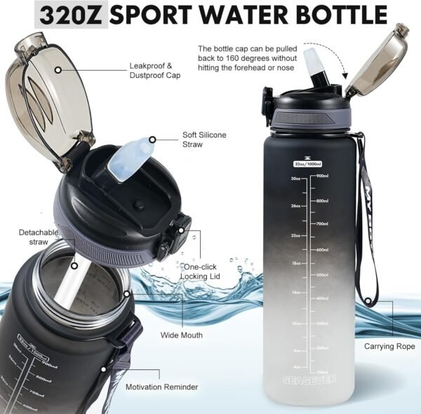 1L Water Bottle with Straw,Plastic Drinks Bottle,1 Litre Sports Water Bottles with Time Markings,Girls Boys Waterbottle Leak-Proof & Bpa-Free for Gym,Cycling, Office, Outdoor - Image 6