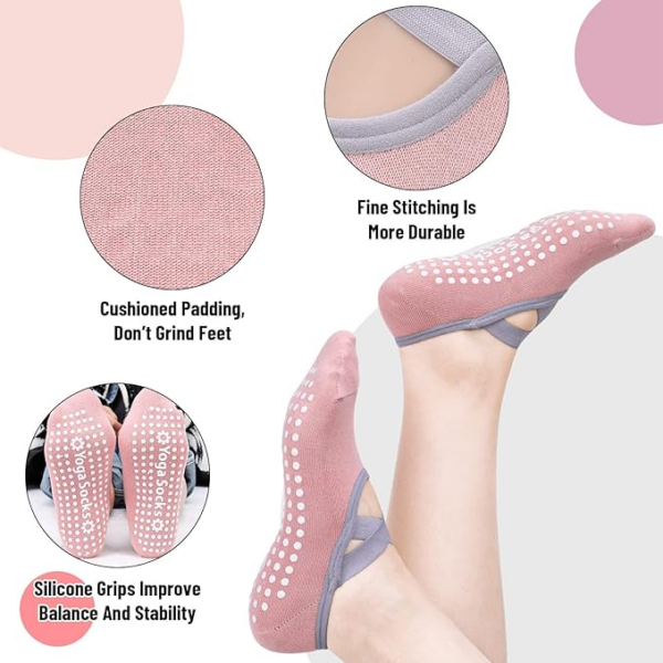 Yoga Socks - 2 Pairs Pilates Socks Non-Slip Grip Yoga socks with Straps Ideal for Pilates, Fitness, Barre, Ballet, Barefoot Workout, Dance - Image 6