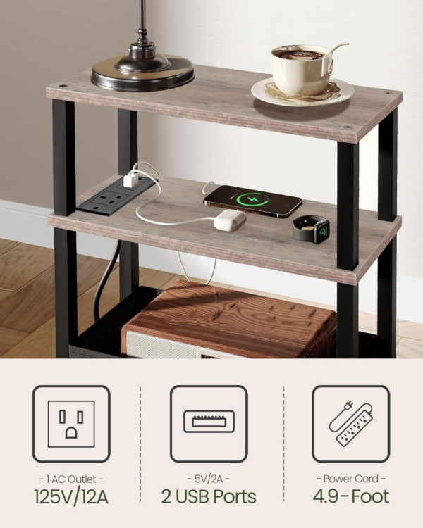 Side Table, End Table with Charging Station, Narrow Side Table for Small Spaces, Skinny Bedside Table, Slim Nightstand with Drawer, for Bedroom, Living Room, Greige and Black - Image 3