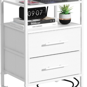 Bedside Table with Charging Station, Nightstand with 2 Outlets and 2 USB Ports, Sofa Side Table with 4 Castors and Fabric Drawers for Bedroom