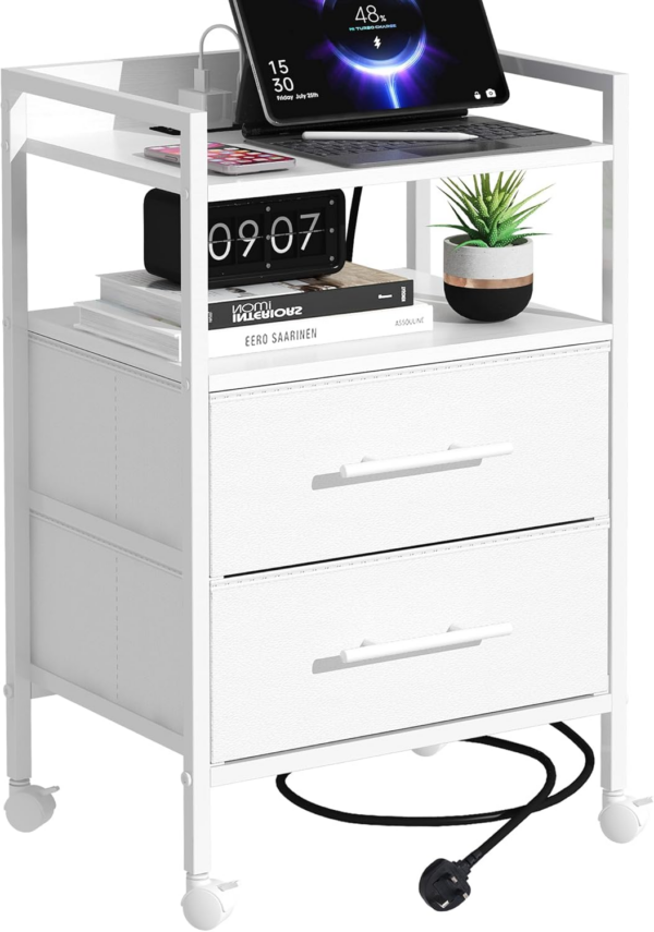 Bedside Table with Charging Station, Nightstand with 2 Outlets and 2 USB Ports, Sofa Side Table with 4 Castors and Fabric Drawers for Bedroom