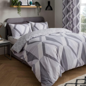 Large Diamond Geometric Grey Reversible Duvet Cover Quilt and Pillow Case Bedding Set Soft Easy Care-Single (135cm x 200cm), Polycotton