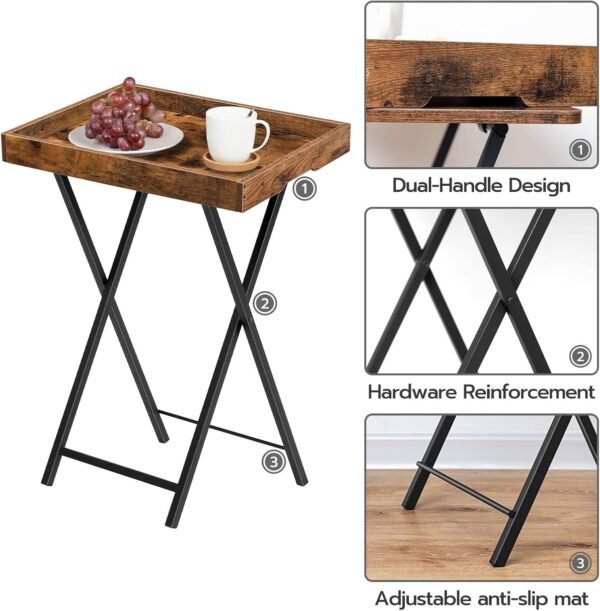 Side Table, Folding TV Tray Tables for Eating, Snack Dinner Table with Removable Serving Tray, Foldable Bedside Occasional Coffee Table, Laptop Table for Small Space, Rustic Brown - Image 2