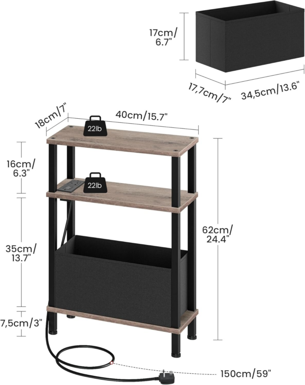 Side Table, End Table with Charging Station, Narrow Side Table for Small Spaces, Skinny Bedside Table, Slim Nightstand with Drawer, for Bedroom, Living Room, Greige and Black - Image 5