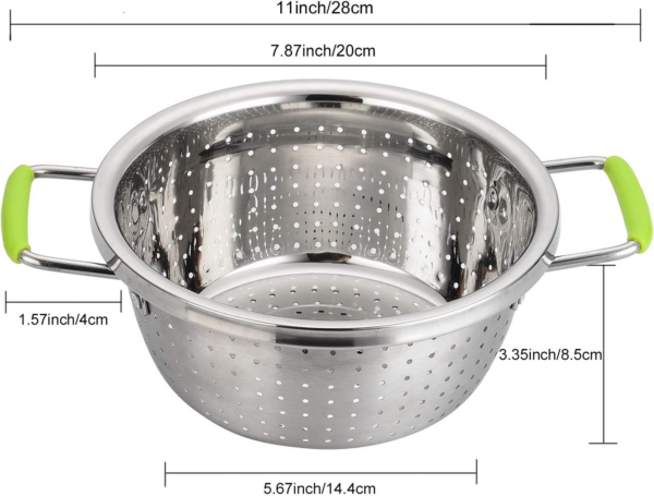 Stainless Steel Double-Handle Colander Deep Micro-Perforated 2.5 Quart Metal Food Strainer with Green Silicone Handles - Image 6