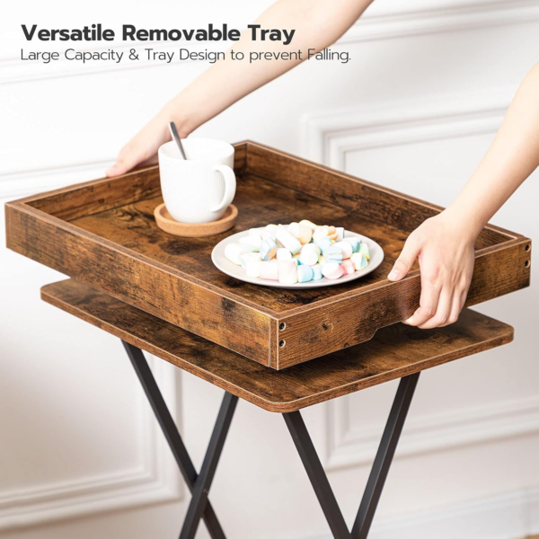Side Table, Folding TV Tray Tables for Eating, Snack Dinner Table with Removable Serving Tray, Foldable Bedside Occasional Coffee Table, Laptop Table for Small Space, Rustic Brown - Image 4