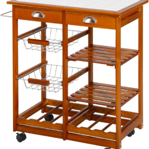 Rolling Kitchen Cart, 2-Drawer Utility Pine Wood Trolley with 2 Baskets, 6-Bottle Wine Rack & Tile Top