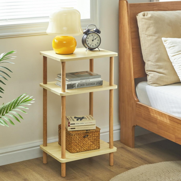 3-Tier Side Table, Solid Wood Tall End Table with Storage Shelves, Nightstand Bedside Table - Image 7