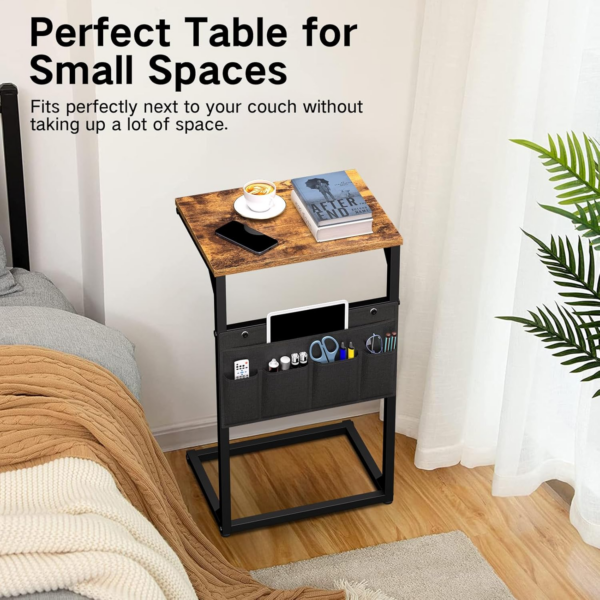 C Shaped Side Table 69cm High with Storage Bag, Narrow Sofa End Snack Table for Small Space, Slide Under Couch Table - Image 3