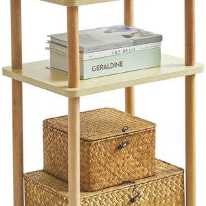 3-Tier Side Table, Solid Wood Tall End Table with Storage Shelves, Nightstand Bedside Table