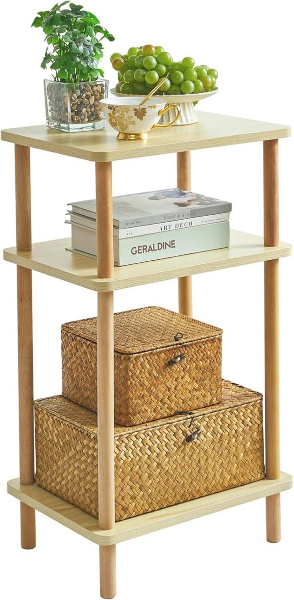 3-Tier Side Table, Solid Wood Tall End Table with Storage Shelves, Nightstand Bedside Table