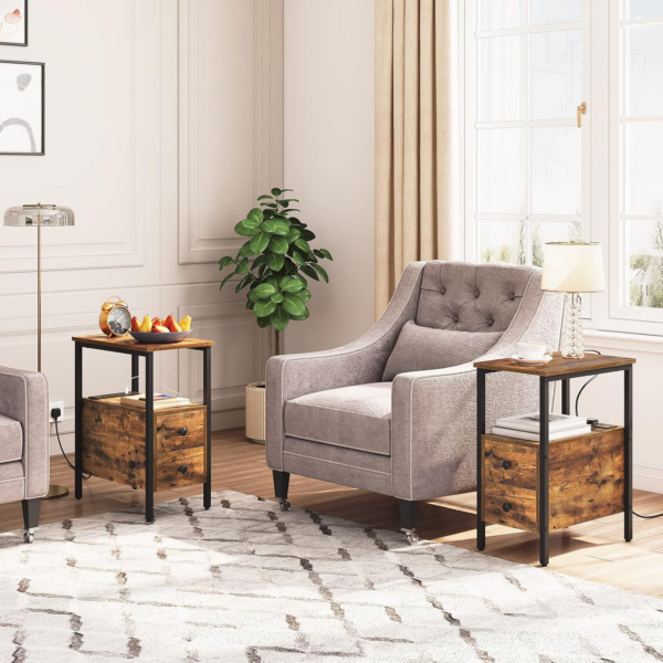 Side Table, Narrow Bedside Table with Charging Station, USB Ports and Power Outlets, Slim Side Table for Small Spaces - Image 5