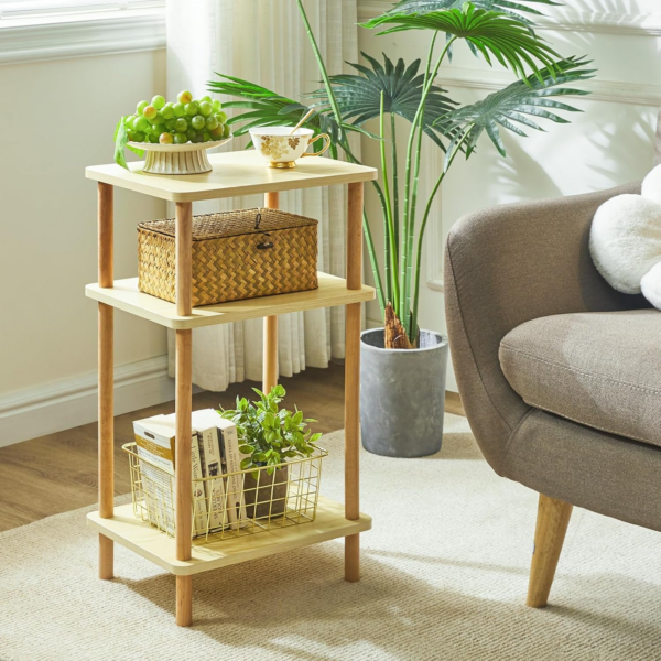 3-Tier Side Table, Solid Wood Tall End Table with Storage Shelves, Nightstand Bedside Table - Image 5